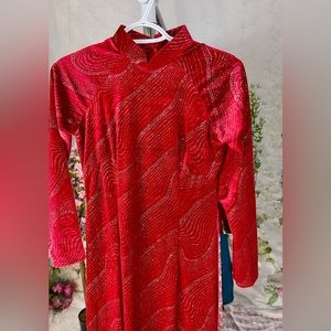Ao dai nhung velvet, Vietnamese traditional long dress set red m 2 glitter 🎁 new